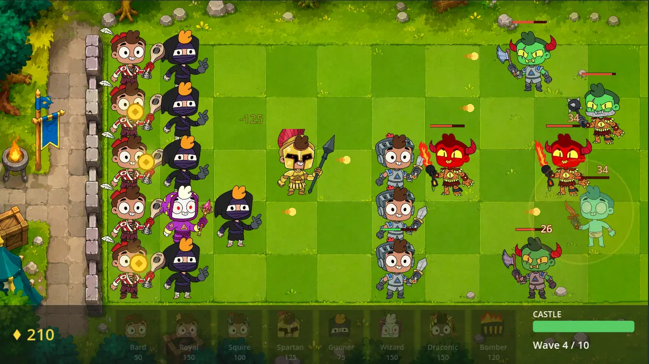 Robin Rebels lane-defense game — rebels holding a green battlefield against orcs and demons